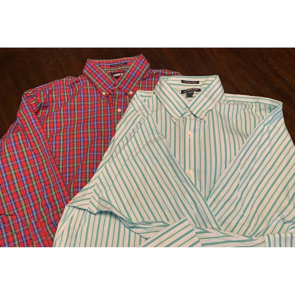 Lot Of 2 Lands End No Iron Supima Pinpoint 17-33 Shirts Men's Plaid Button Up